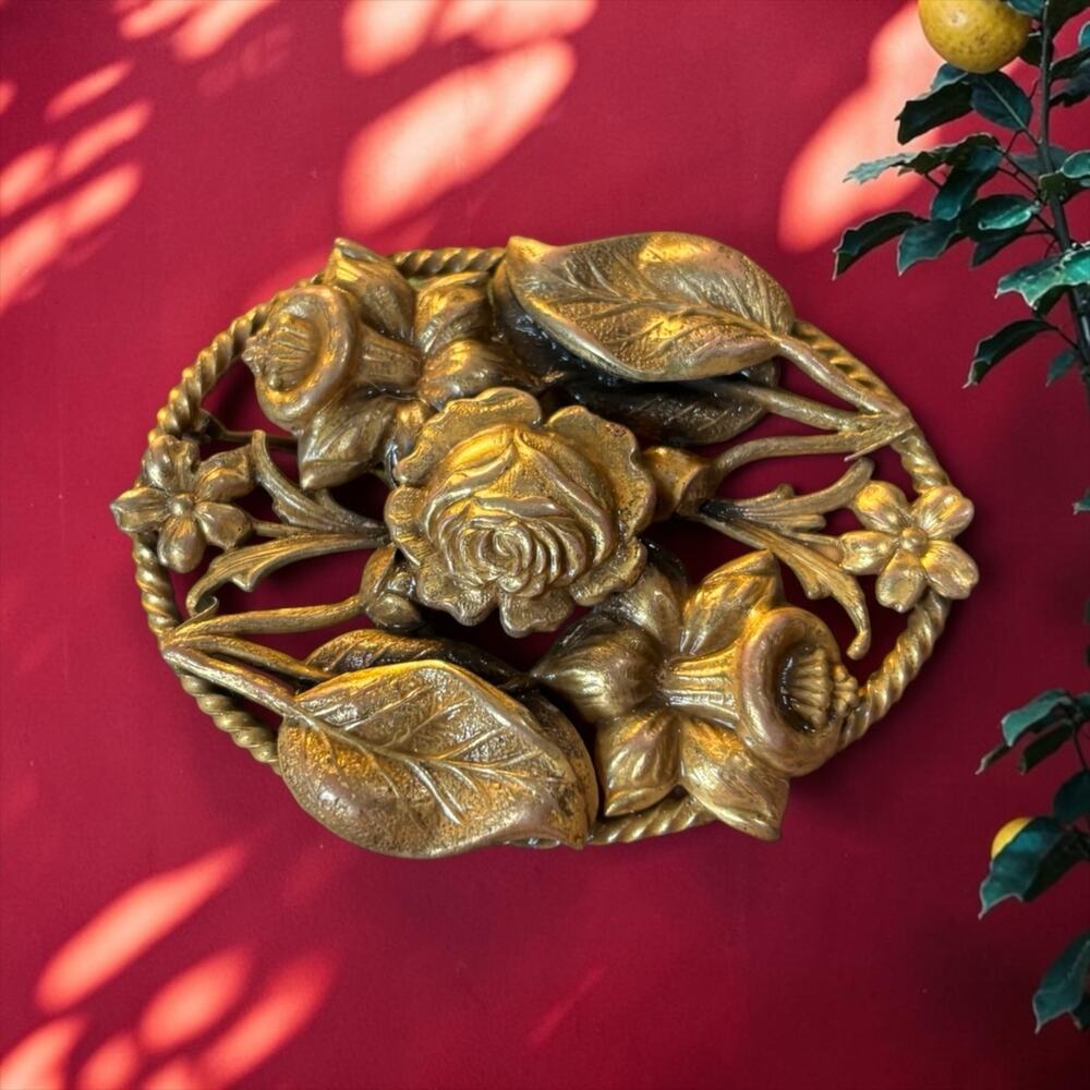 Antique Brass Rose Garden Brooch Sculptural Flowers Leaves Victorian C Clasp